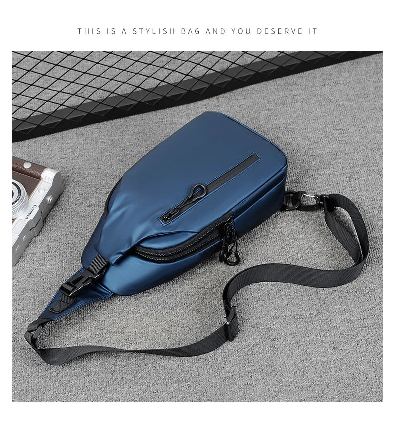 Versatile blue sling crossbody backpack for men with adjustable strap and spacious interior