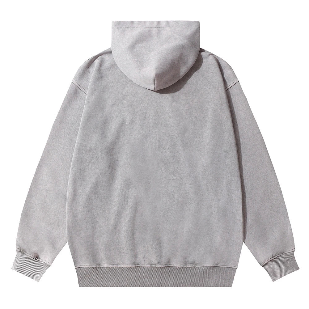 Embroidered cotton hoodie with a letter patch design, available in brown, grey, and black colours and sizes S to XL