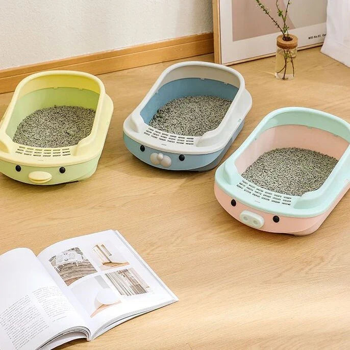 Oversized semi-enclosed cat litter box in Haze Blue colour, featuring high sides and covered top for enhanced privacy and litter containment