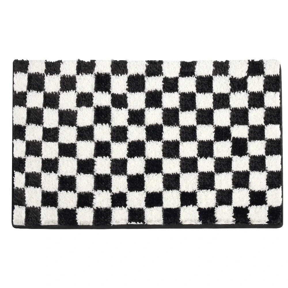 Black and white grid bathroom mat with absorbent and non-slip features for UK homes