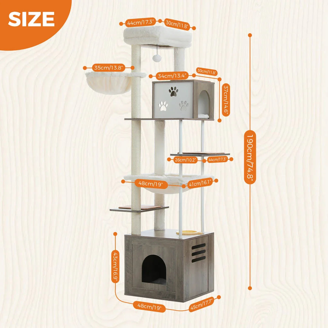 Large multi-level cat tree with spacious condos, hammocks, and sisal scratching posts for cats