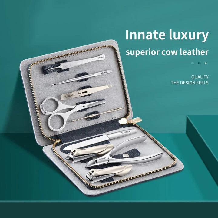Premium manicure set with surgical-grade stainless steel tools and luxurious leather case