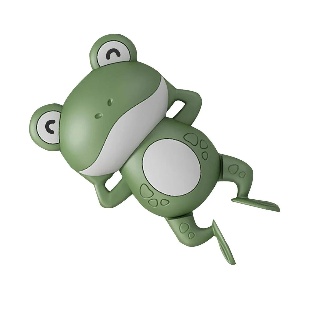 Adorable clockwork-powered frog bath toy with smooth edges for safe, fun playtime in the tub or pool