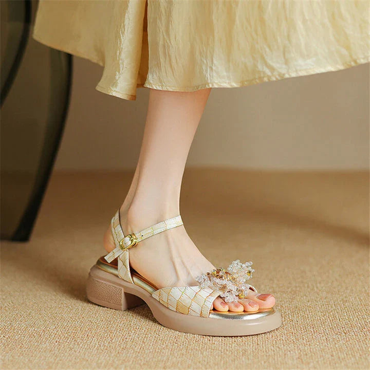 Premium genuine leather chunky heel gladiator sandals with checkered pattern and colourful bead embellishments