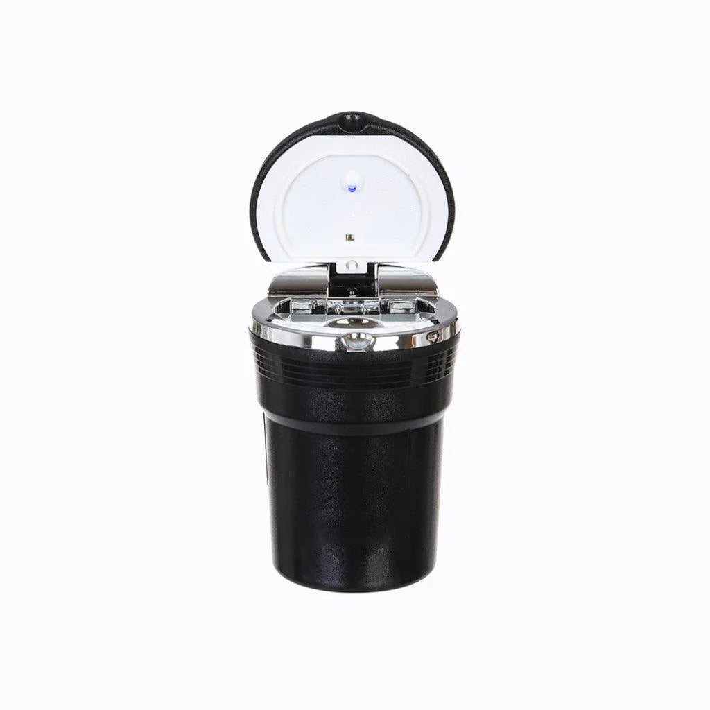 Portable car ashtray with LED light for responsible cigarette disposal while driving