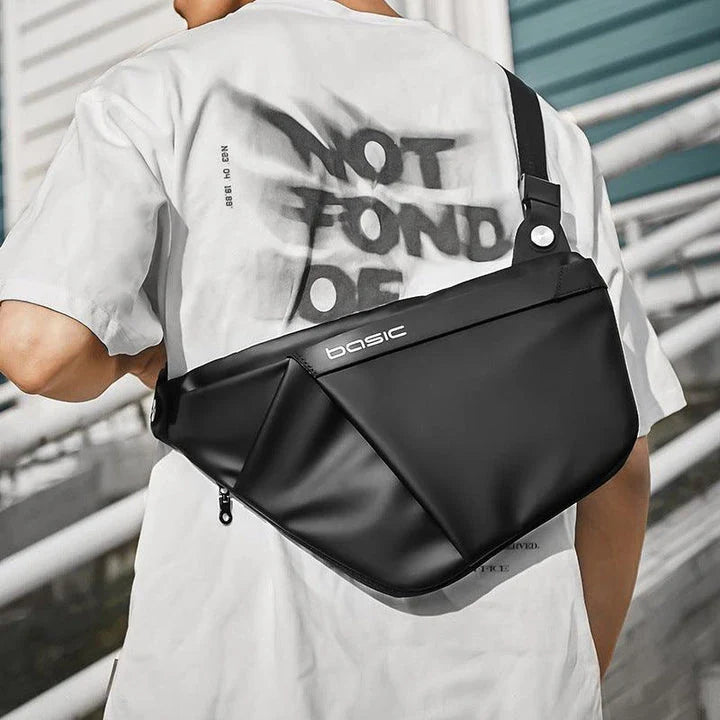 A sleek, sophisticated messenger bag made of premium PU leather, designed for the modern, urbane gentleman in the UK.