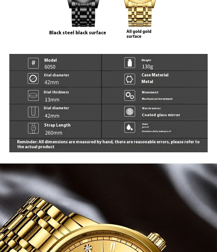 Premium automatic mechanical watch with leather strap, featuring a stainless steel case, luminous hands and markers, and a stylish British-inspired design