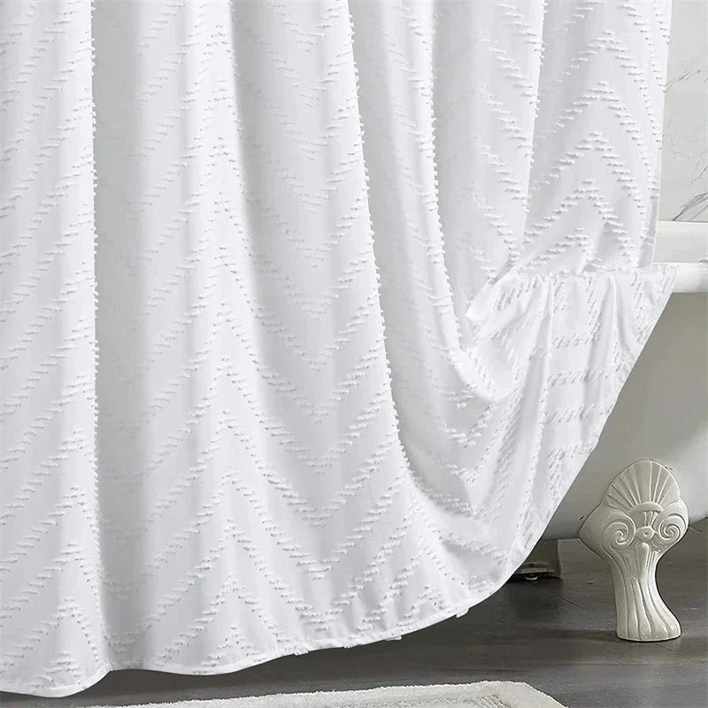 Modern Farmhouse Waterproof White Shower Curtain with Chevron Tufted Pattern
