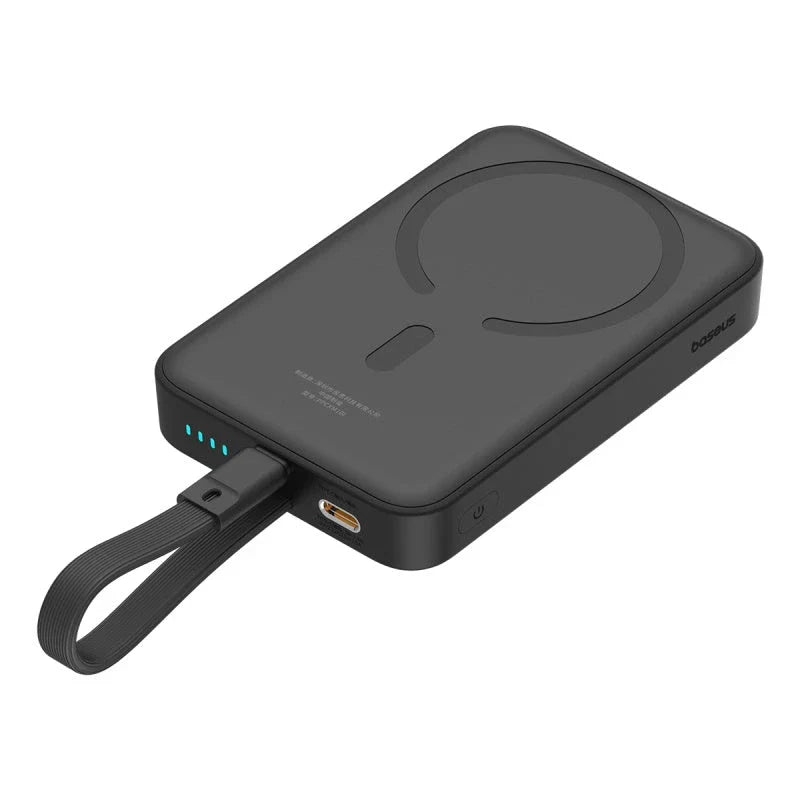 High-capacity magnetic power bank with wireless fast charging and built-in cables, providing 10,000mAh of reliable power for mobile devices.