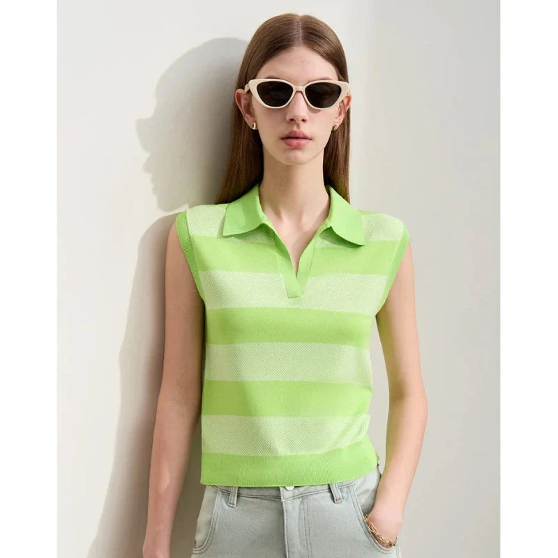 Chic Summer Knit Sleeveless Sweater in a neutral striped pattern, offering a comfortable and stylish option for warm weather wear.