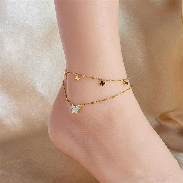Stainless Steel Butterfly Anklet with Adjustable Chain and Two-Tier Design