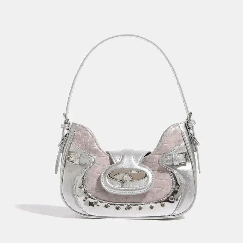Premium Gothic Silver Patchwork Handbag with Versatile Strap and Reliable Zipper Closure
