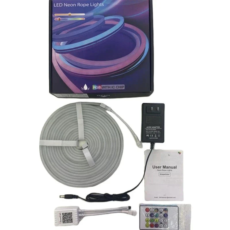 Colour-changing outdoor ambience light with vibrant neon strip illumination and weatherproof design