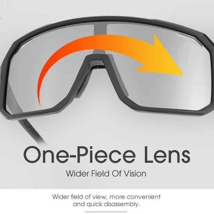 Pair of black photochromic cycling sunglasses with adjustable fit and UV400 protection