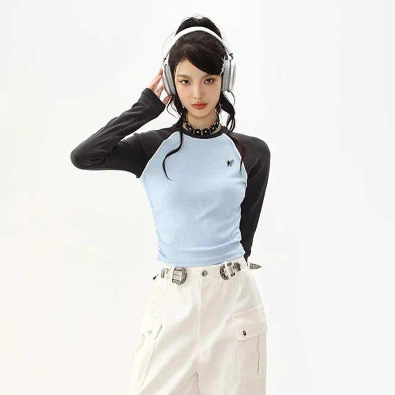 Women's Stylish Retro Patchwork Tee in Blue colour, featuring a unique patchwork design and relaxed fit