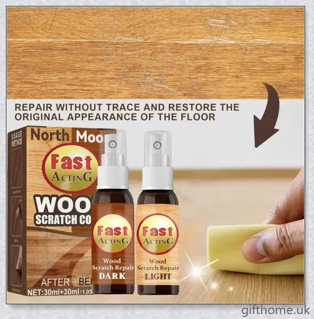 A bottle of premium wood scratch repair spray with a light and dark colour option for blending seamlessly with various wood tones.