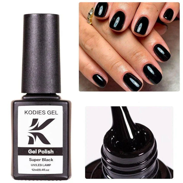 Super Black Gel Nail Polish with a deep, high-gloss finish that lasts up to 25 days