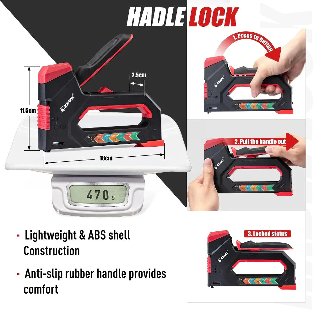 A heavy-duty manual staple gun with a black body and rubber grip, capable of driving multiple types of fasteners for a variety of DIY projects.