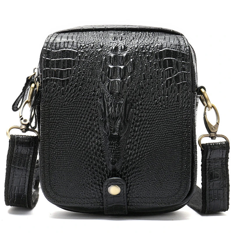Premium cowhide leather diagonal shoulder bag for men, featuring a sophisticated box-shaped design and distinctive crocodile pattern