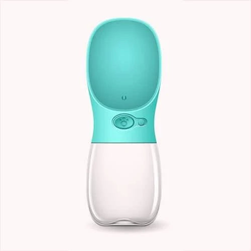 A leak-proof, portable pet water bottle in turquoise colour with a one-hand release button and locking mechanism