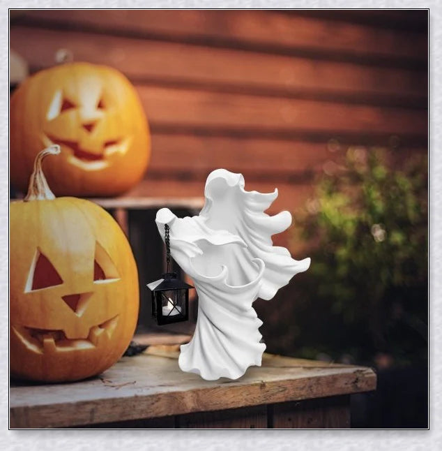 Chillingly elegant Halloween witch/ghost resin statue with eerie illumination, a unique blend of spooky charm and refined artistry for unforgettable seasonal decor