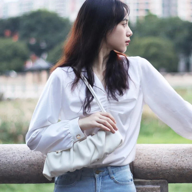Pleated fashion one-shoulder diagonal handbag in various colours including white, yellow, green, black, and light blue
