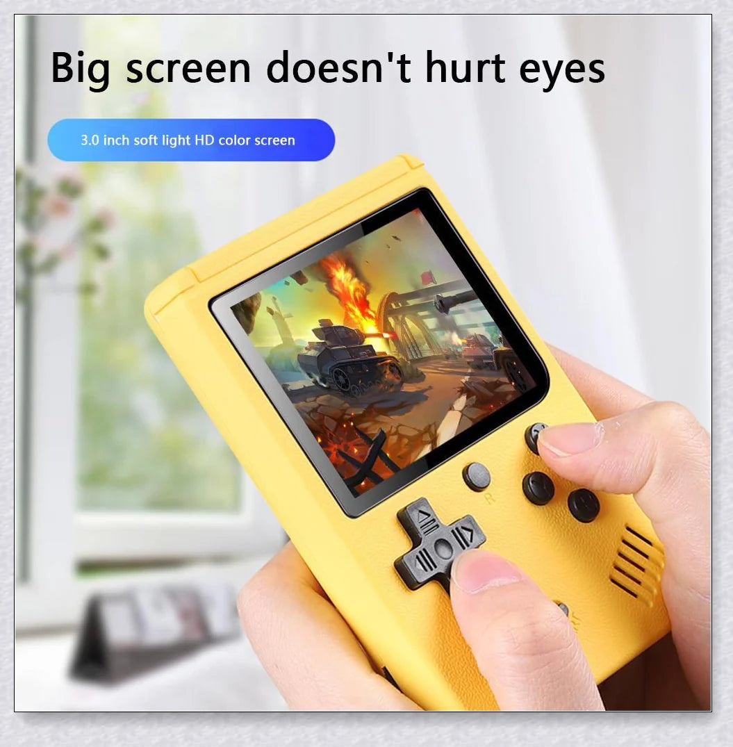 Tinytendo mini gaming console with 500 built-in retro games, compact and portable design, vibrant display, and long-lasting battery life.