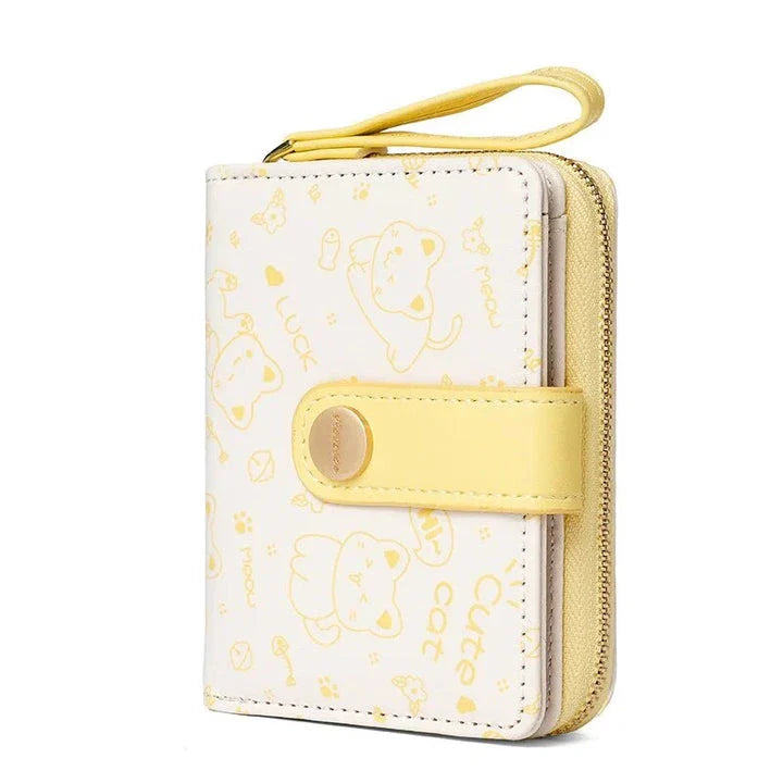 Stylish cat-themed compact wallet with zippered coin pocket, card slots, and key storage