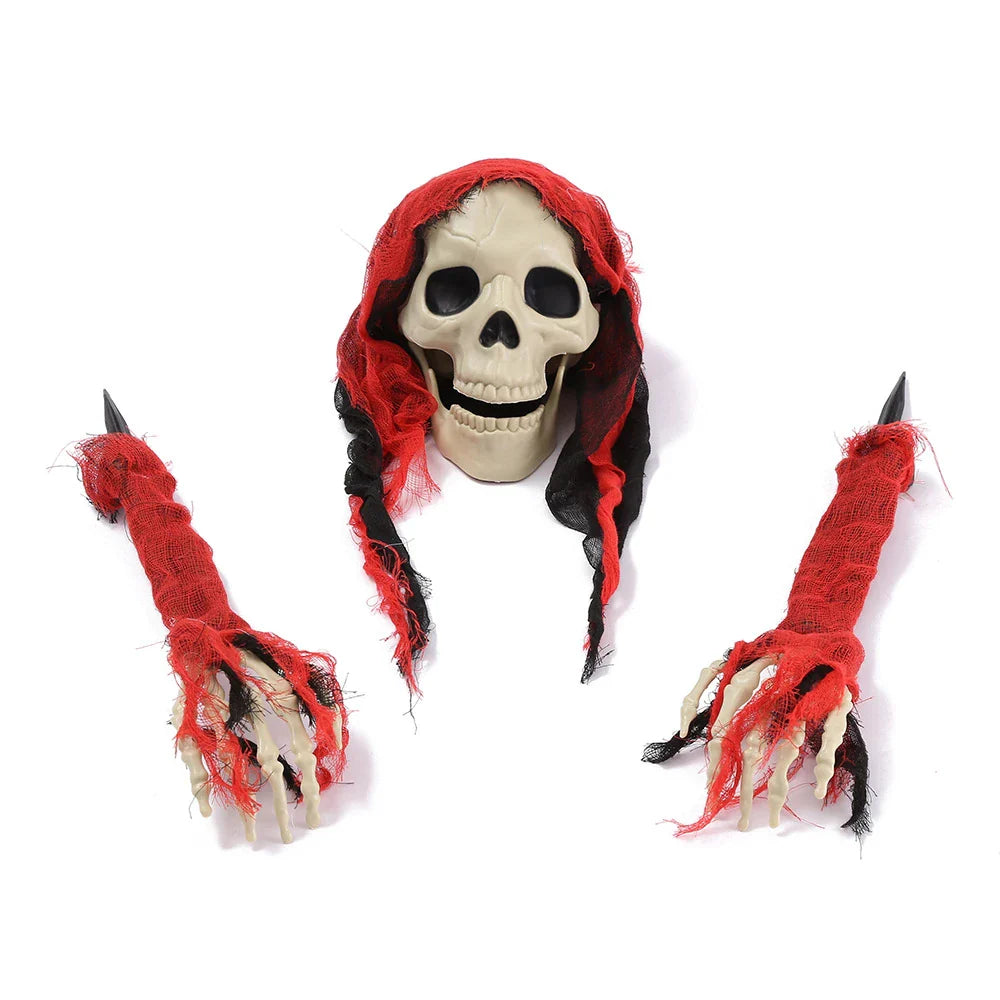 Three decorative plastic skull figures in green, red, and grey colours, perfect for Halloween home decor