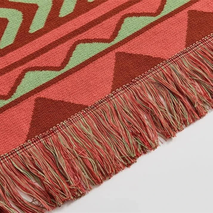 Cosy Indian Tribal Geometric Throw Blanket in Vibrant Red and White Patterns