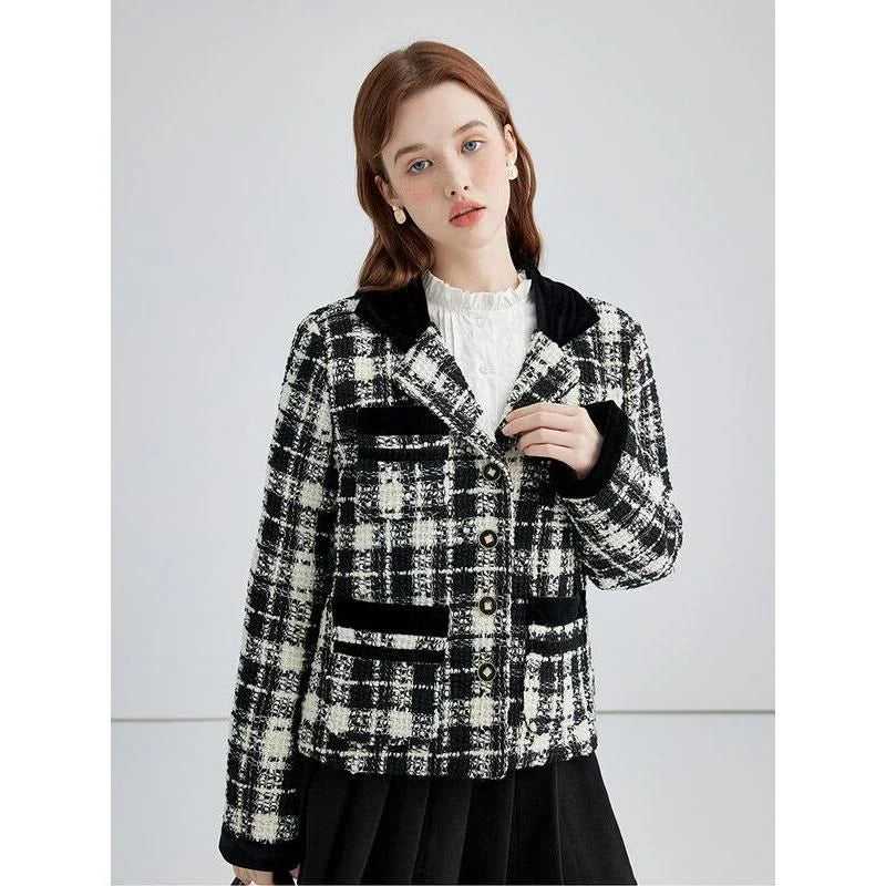 Stylish plaid contrast woollen women's short jacket in United Kingdom fashion