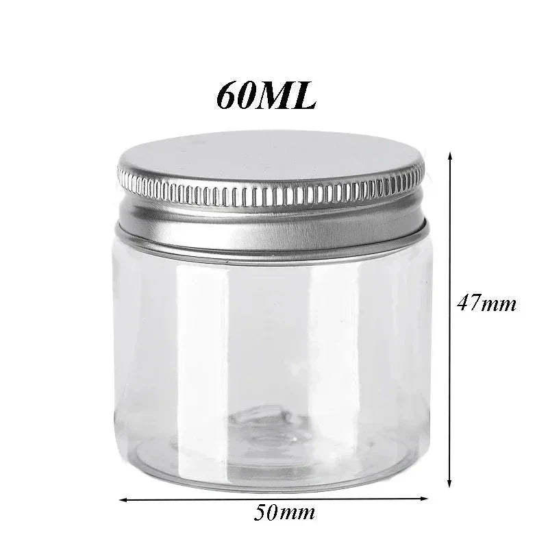 Premium 10-piece set of clear plastic storage jars with aluminium lids for organising cosmetics, food, and household items
