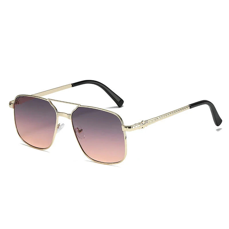 Trendy metal square frame sunglasses with vibrant yellow lenses and red gradient for a bold, modern look