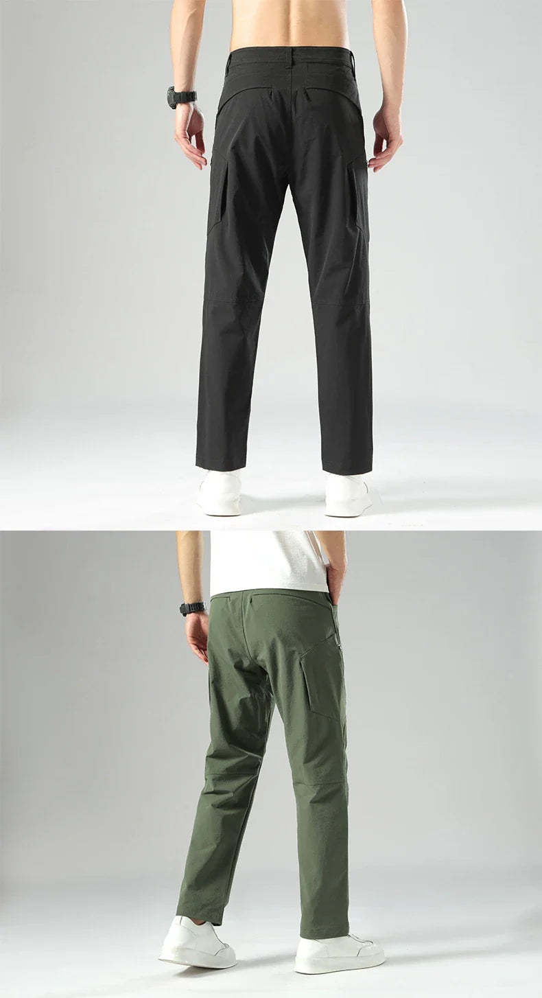 Weatherproof outdoor trousers for men in black, gray, and green colours with adjustable waistband and reinforced panels