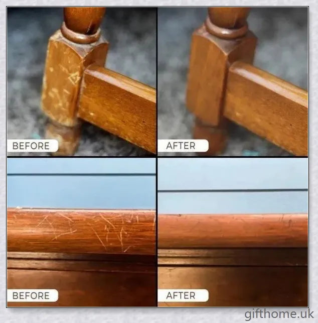 A bottle of premium wood scratch repair spray with a light and dark colour option for blending seamlessly with various wood tones.