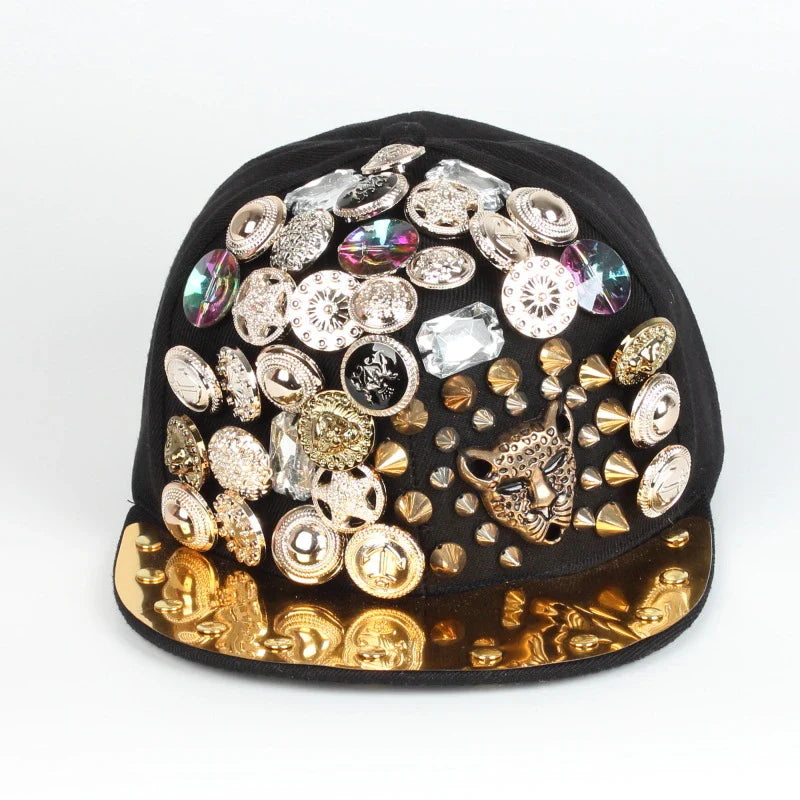 A black baseball cap with a striking skull and leopard print design, featuring adjustable snapback closure for a customized fit.