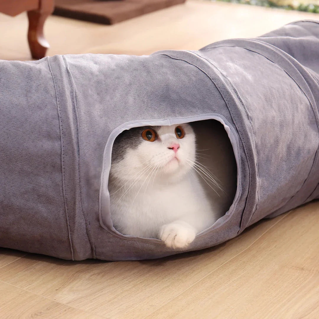 Grey foldable cat play tunnel with crinkle sounds, peek-a-boo holes, and a hanging ball toy for interactive playtime