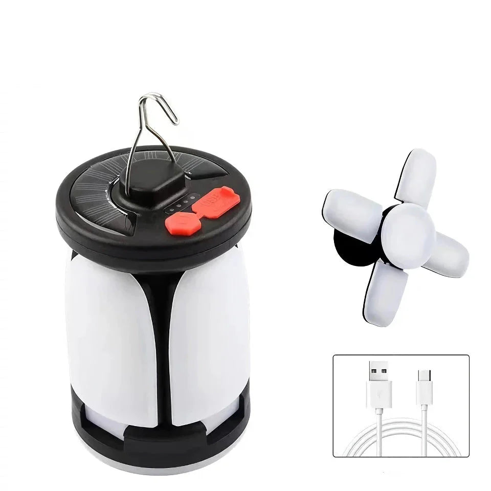 A 1000 lumen rechargeable solar LED camping lantern with a foldable design and versatile lighting modes