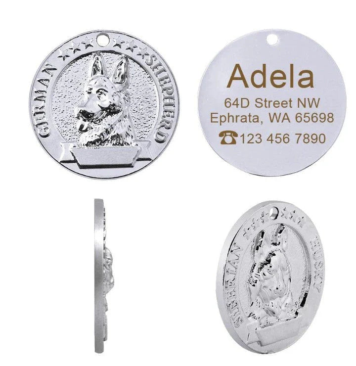 A premium silver dog ID tag with a customized engraved design, providing both style and practical functionality for your beloved canine companion.