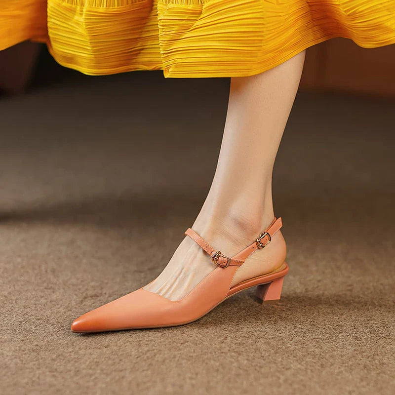 Elegant women's high heel sandals made from genuine leather with a stylish square heel and buckle strap closure