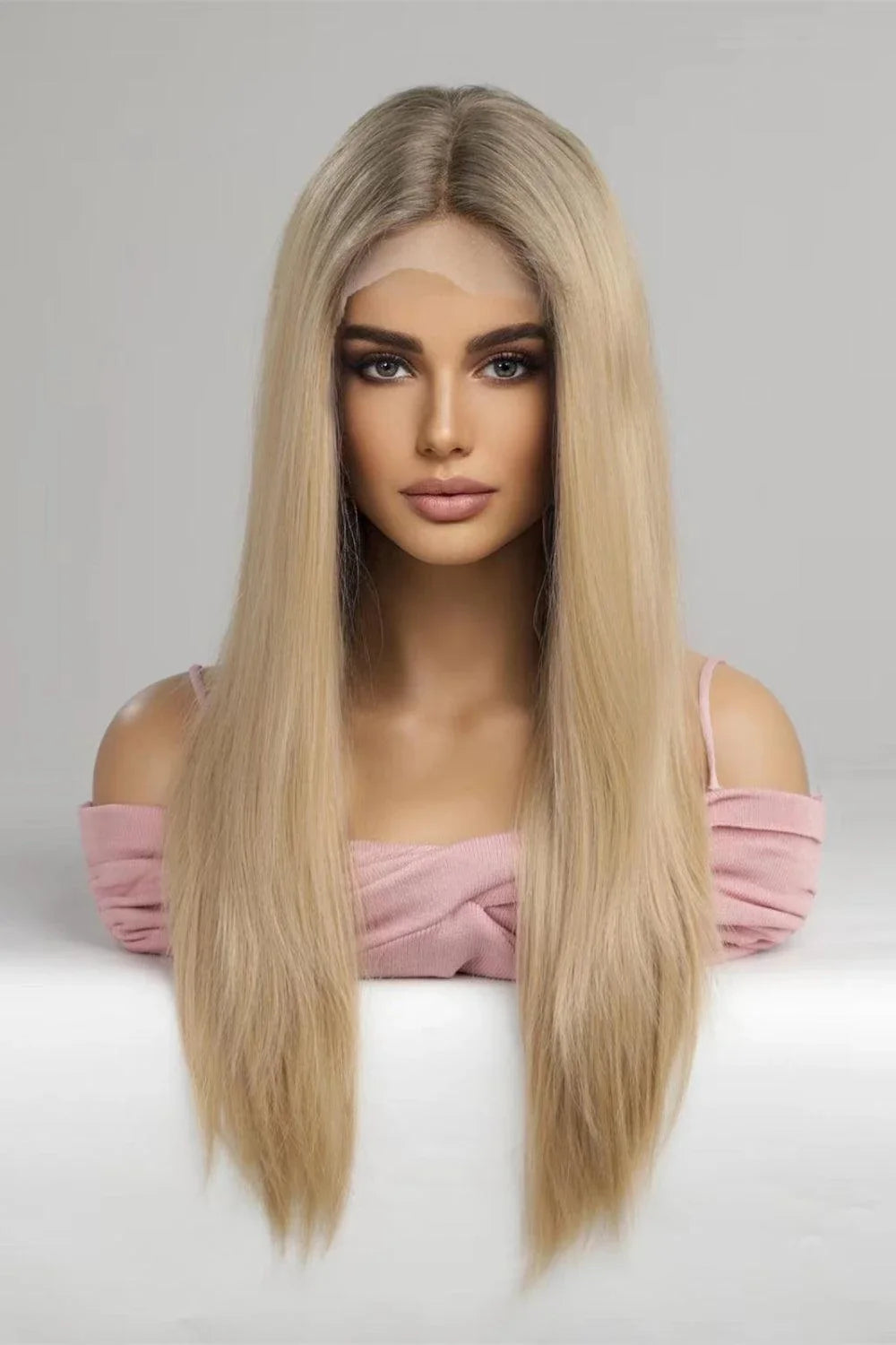 Stunning 24-inch synthetic lace front wig with 150% density, featuring a sleek straight hairstyle in a glamorous gold colour