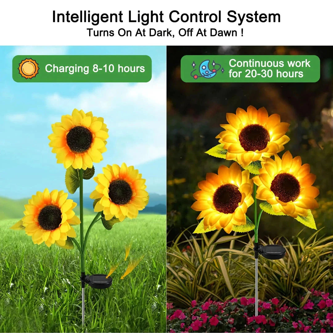 Solar-powered sunflower garden lights with realistic petals, leaves, and buds for elegant outdoor decor