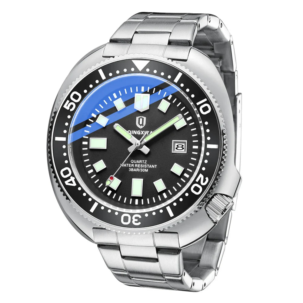 Trendha Quartz Watch with Stainless Steel Strap and Luminous Dial in Black and Blue Colours