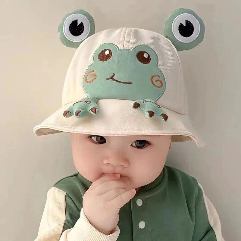 Charming frog-themed baby sun hat made from soft, breathable cotton with UPF 50+ sun protection