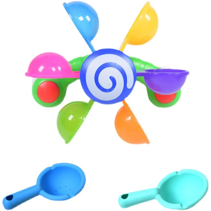 Colourful children's bath toy with a turning windmill and spoon for imaginative water play