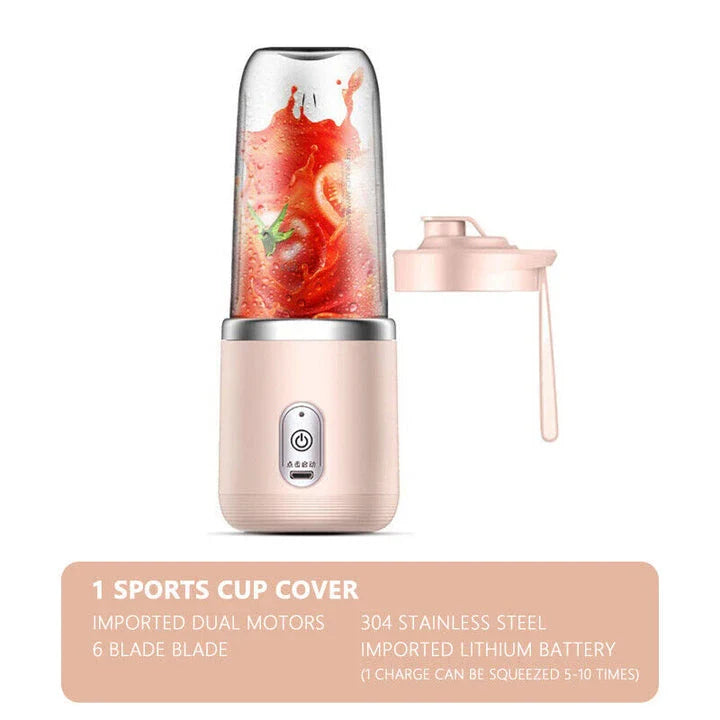 Portable electric juice extractor with a pink lid, designed for on-the-go healthy hydration and wellness