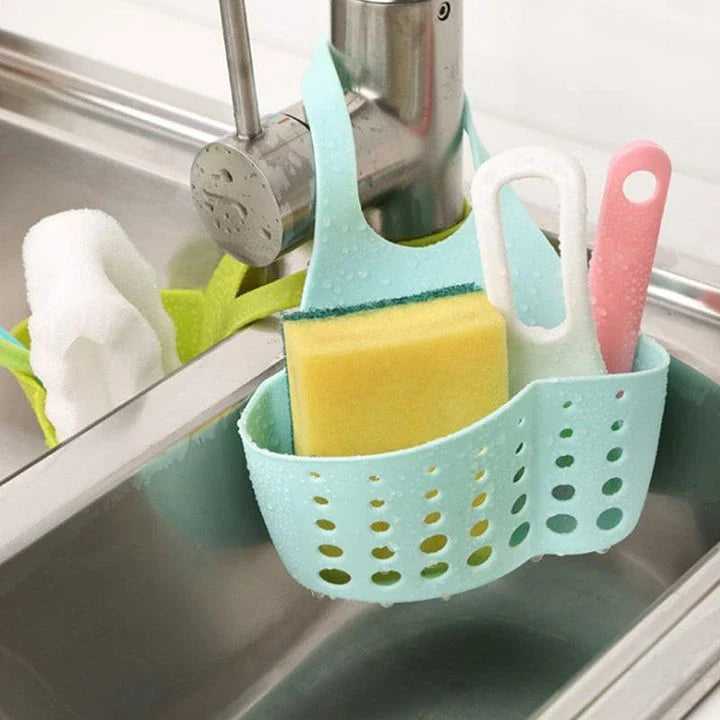 Adjustable stainless steel sink organiser rack with various colour options, designed to maximise kitchen sink space and keep essentials organised.