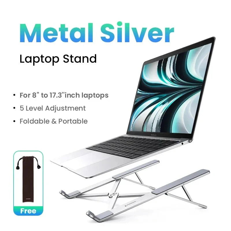 Adjustable and foldable aluminium laptop stand with 5 height levels, cooling design, and skidproof silicone platform