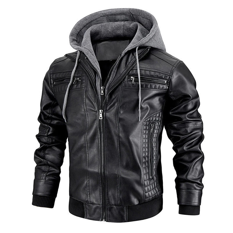 A stylish hooded PU jacket in black, designed for warm winter wear with practical features and a tailored fit.