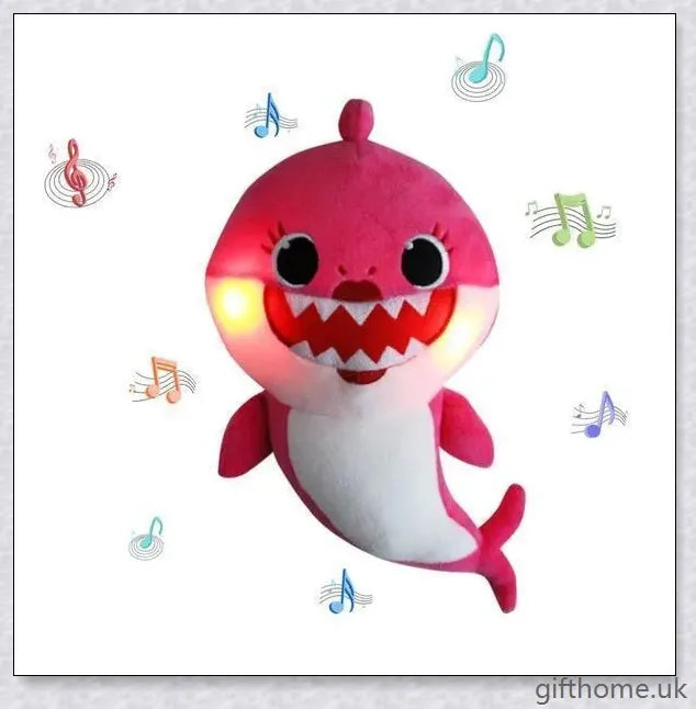 Soft and cuddly Baby Shark plush toy with captivating lights and music, perfect for young children's playtime
